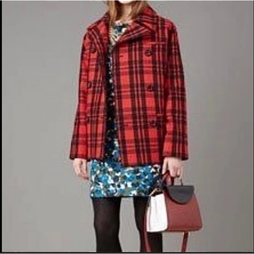 Kate Spade Saturday Wool Blend Scotch‎ Plaid Button Up Red Black Pea Coat wmn M